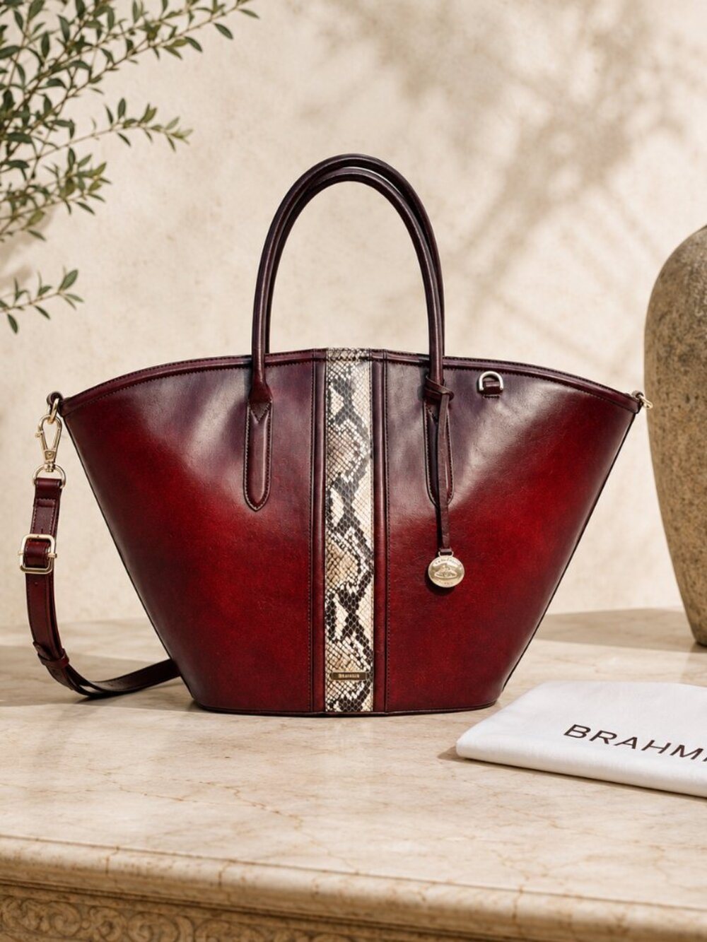 Brahmin Mira Layton Espresso Python Trim Leather Tote NWT